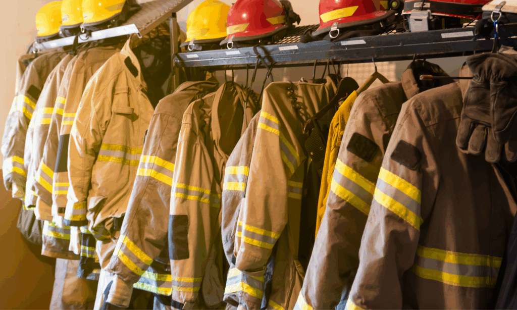 Firefighter gear hanging in a locker room after a Owasso car crash